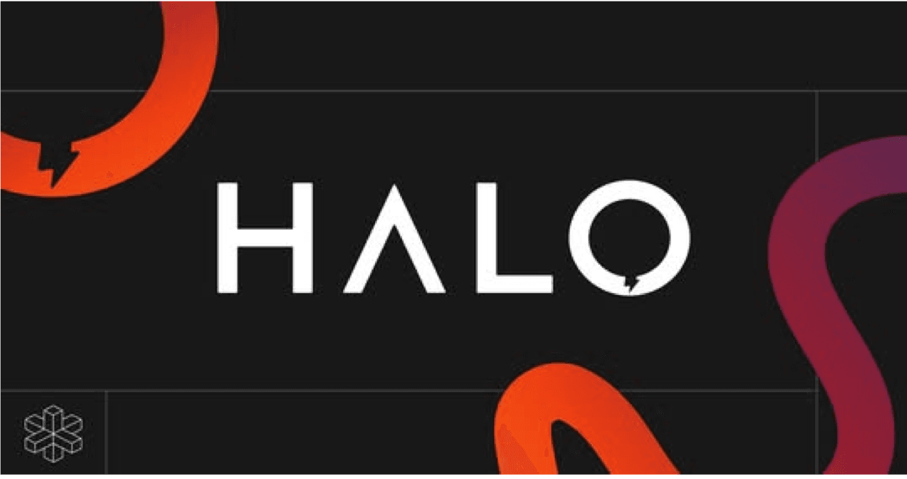 Halo logo on a dark field with orange and red worms